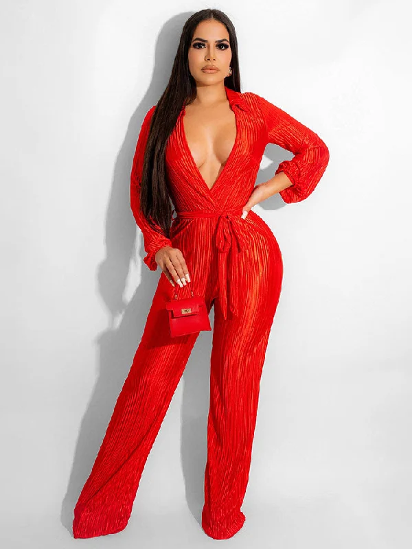 Long Sleeve V Neck Ribbed Wide Leg Jumpsuits