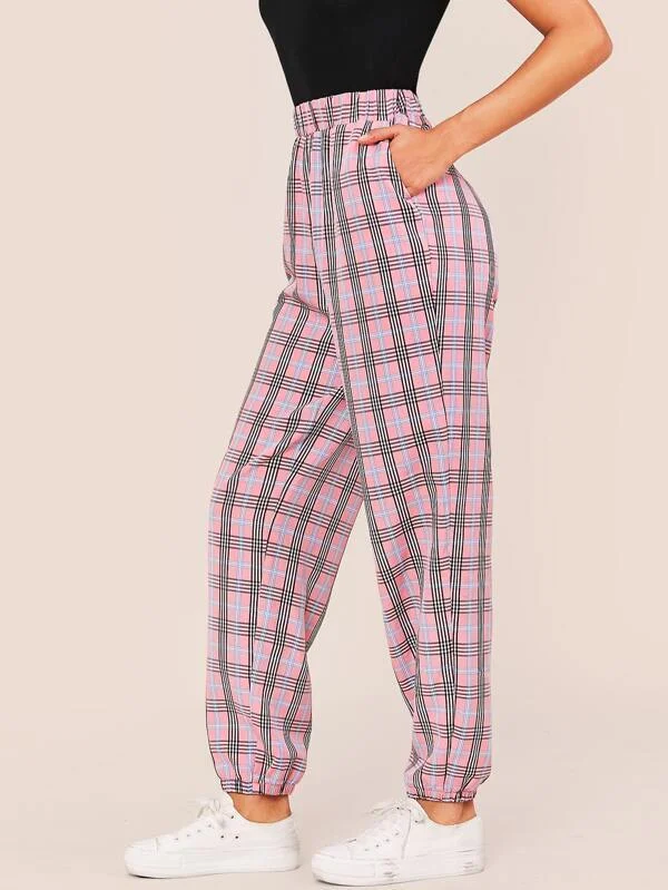 Elastic Waist Slant Pocket Tartan Pants Cozy Knit Pants