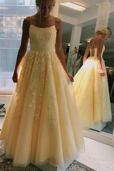 A-Line Yellow Spaghetti Straps Tulle Long Prom Dresses With Appliques DMS48 Tunics Distressed trendy