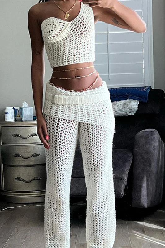 storexq Crochet Cutout Unusual One Shoulder Pant Suit Relaxed Casual Leggings