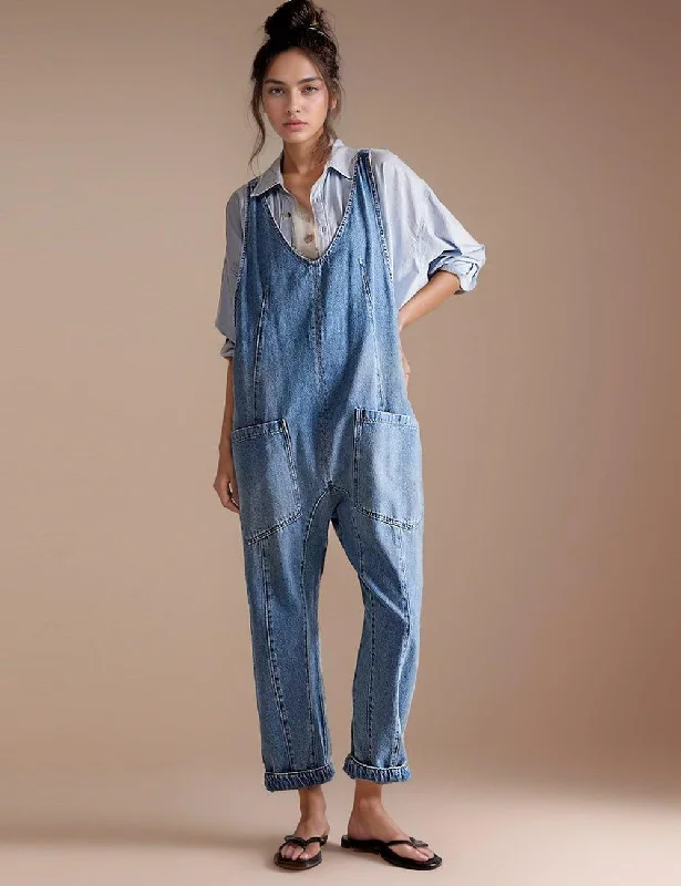 Denim Adjustable Shoulder High Roller Jumpsuit SKJ150 Wide leg jumpsuit, Summer style, Comfortable, Trendy