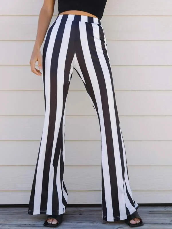 Flare Leg Striped Pants Soft Stretch Trousers