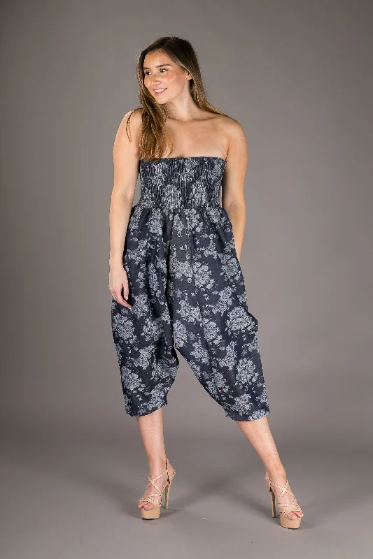Denim Floral Cotton Harem Yoga Jumpsuit Pants