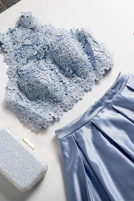 Two Piece A Line Jewel Light Sky Blue Floor Length Prom Dress With Lace Top DMQ55 Tunics Velvet soft