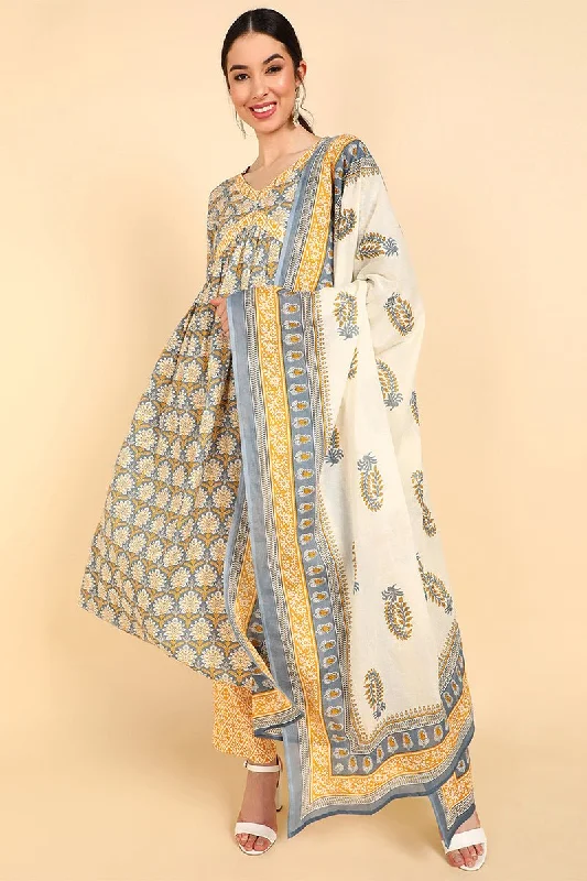 Yellow Cotton Flared Kurta Pants And Dupatta Set