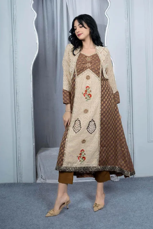 Beige Embroidered Silk Asymmetrical Kurta Pants Set Modern Stretch Trousers