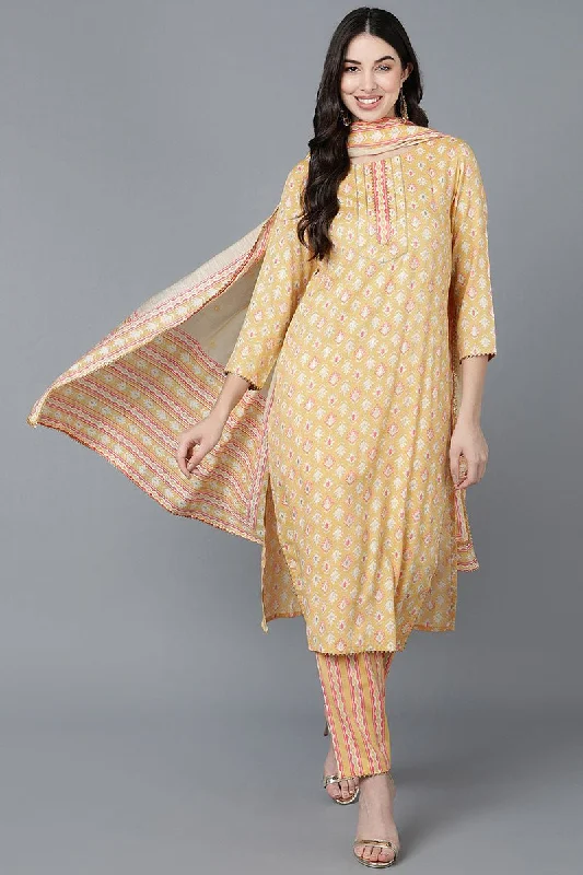 Yellow Cotton Straight Kurta Pant With Dupatta Set