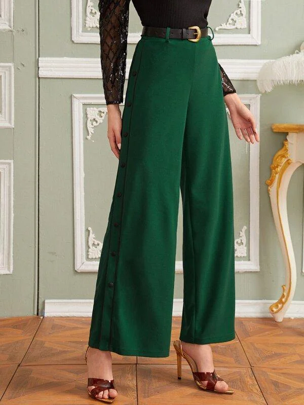 Button Side Palazzo Pants Without Belt Slim Fit Casual Pants