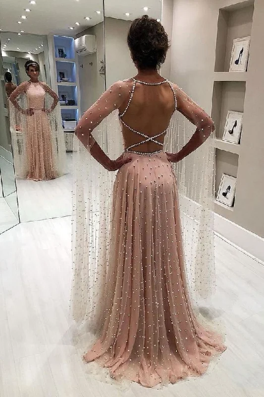 Blush Pink A Line Backless Long Prom Dresses with Pearls DMN79 Floral Print girly