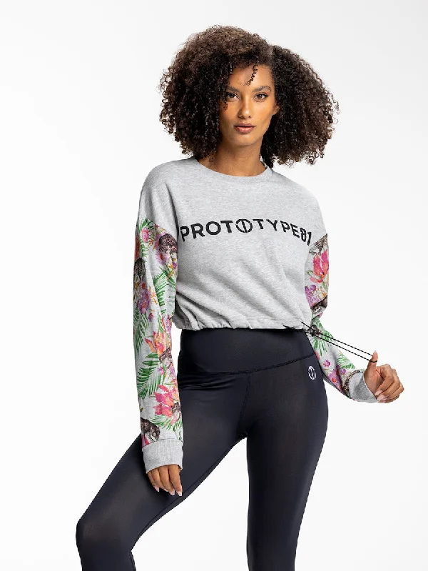 Light Weight Heather Gray Cropped Sweatshirt with Floral Sleeves Hoodie with Drawstring Waist Adjustable Fitted