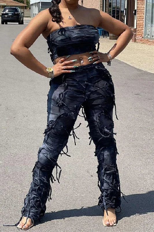storexq Tie Dye Cool Patchwork Tassel Pant Suit Soft Sweatpants Style