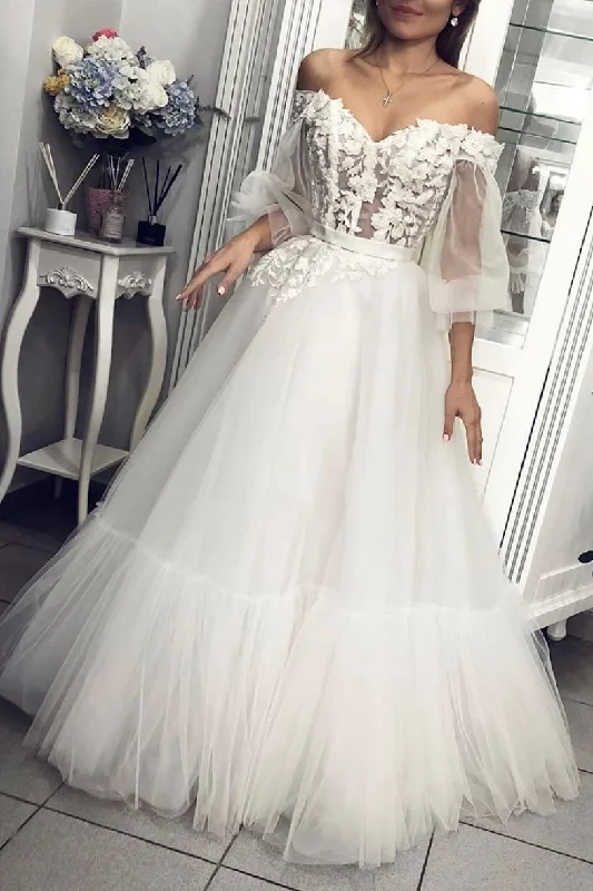 Off the Shoulder Long Sleeves Appliques Tulle A Line Prom Dresses DMQ1 Crew Neckline Casual