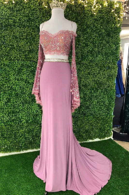 Chic Sheath Spaghetti Straps Pink Long Sleeves Prom Dresses Evening Dress DMT1 sweetheart Neckline Romantic