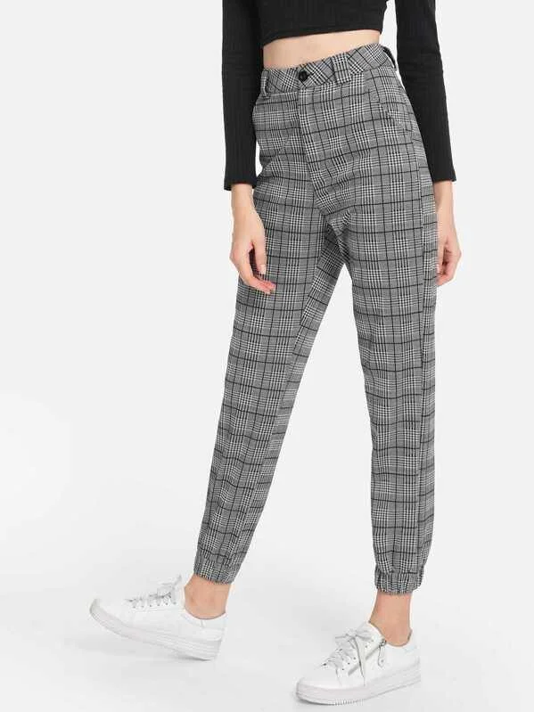Plaid Button Decoration Pants Slim-Fit Leggings