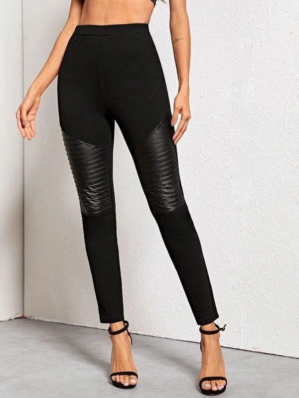 Quilted Faux Leather Panel Skinny Pants Cozy Maternity Pants