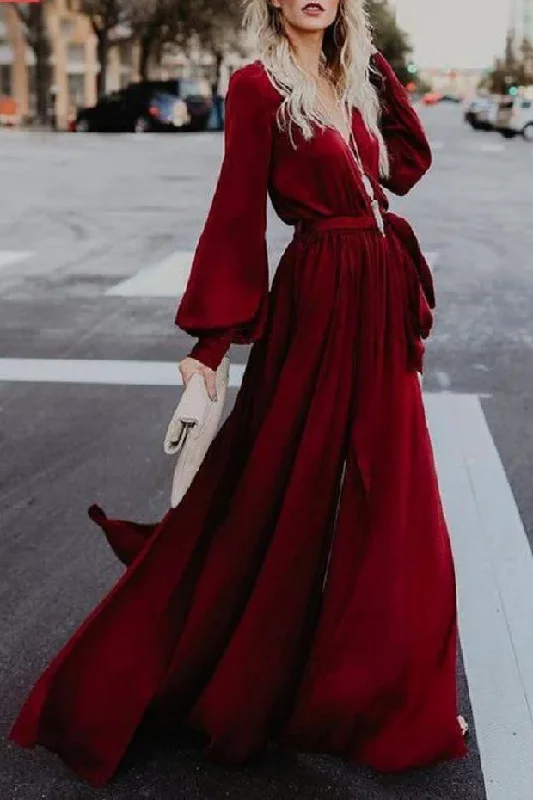A-line Burgundy Long Prom Dresses Long Sleeve Simple Cheap Evening Dress DMR56 Tunics Fall fleece