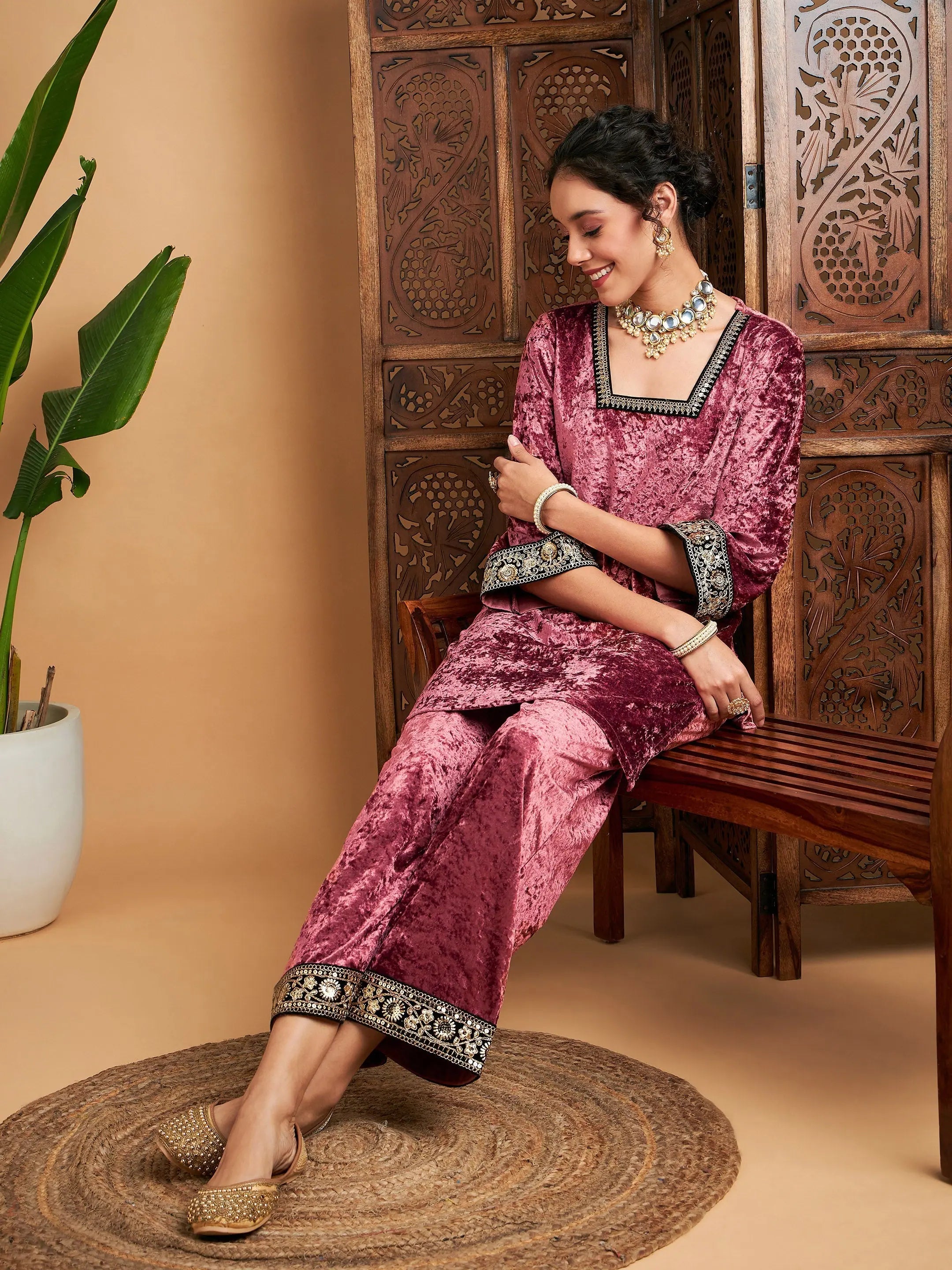 Women Pink Velvet Embroidered Short Kurta With Pants Fashionable Work Pants