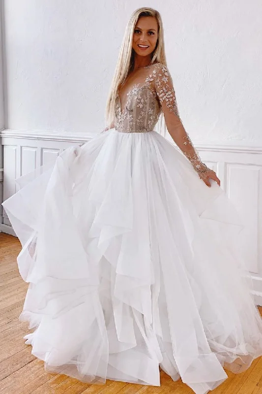 White A Line Tulle Appliques Long Sleeves Prom Dress Stunning Evening Dress DMQ39 Tunics Lace romantic
