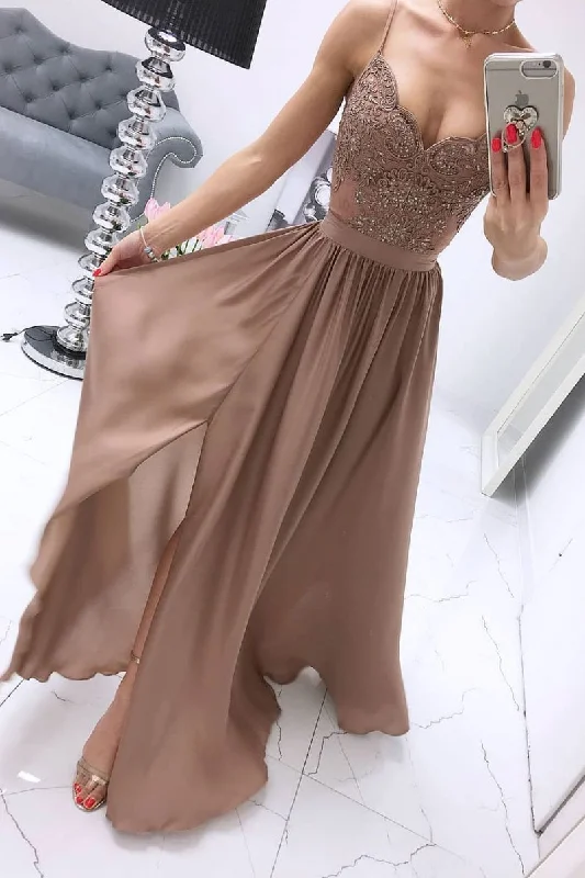 Chiffon A Line Spaghetti Straps Appliques Long Prom Dress With Slit DMS68 Tunics Recommended stylist