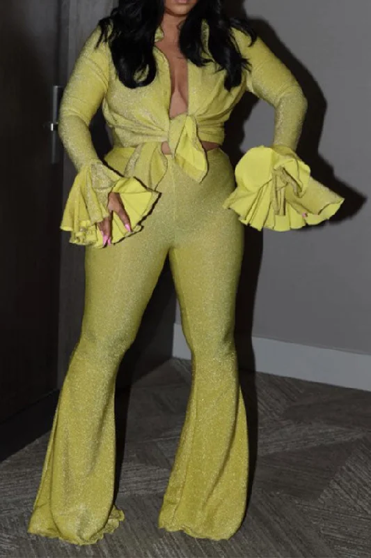 storexq Solid Color Hyperbolic Trumpet Sleeve Pant Suit Fashionable Tapered Leg Pants