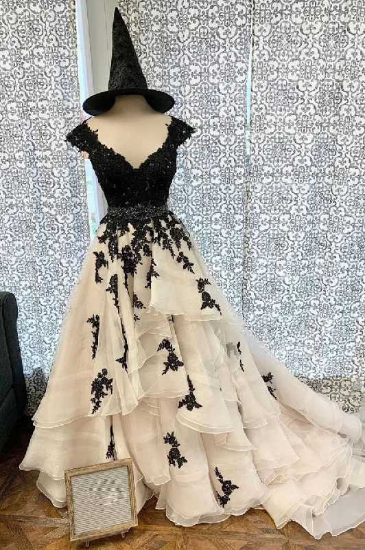 A Line V Neck Cap Sleeves Long Prom Dress With Black Lace Appliques DMS88 Tunics Trendy modern
