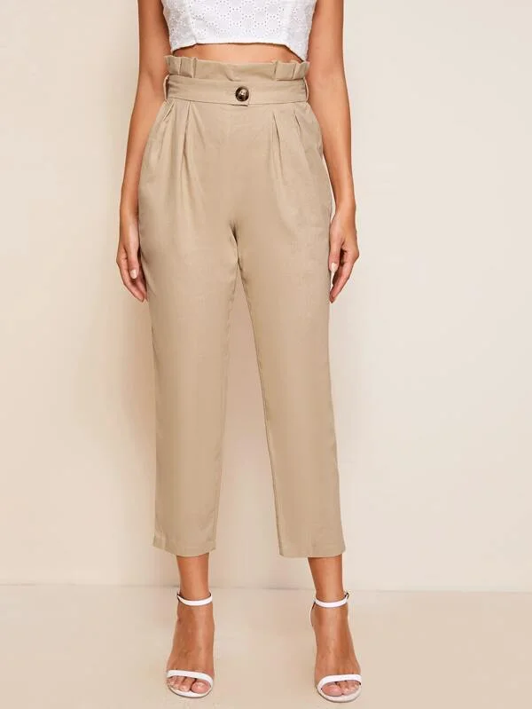 Paperbag Waist Buttoned Detail Tapered Pants Comfortable Wide-Leg Pants