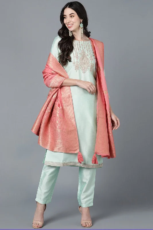 Mint Green Poly Silk Straight Kurta Pant With Dupatta Set