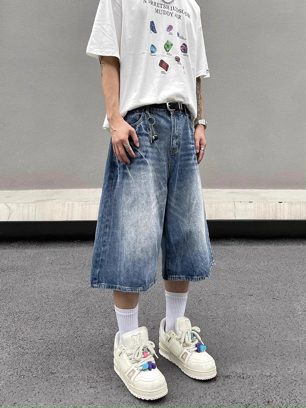 Advbridge Lightning Patterned Jorts Loose Cropped Denim Shorts for Men Women's Y2k Distressed Calf-length Pants Elegant Dress Pants