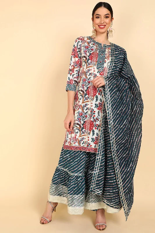 White Cotton Straight Kurta Pant With Dupatta Set