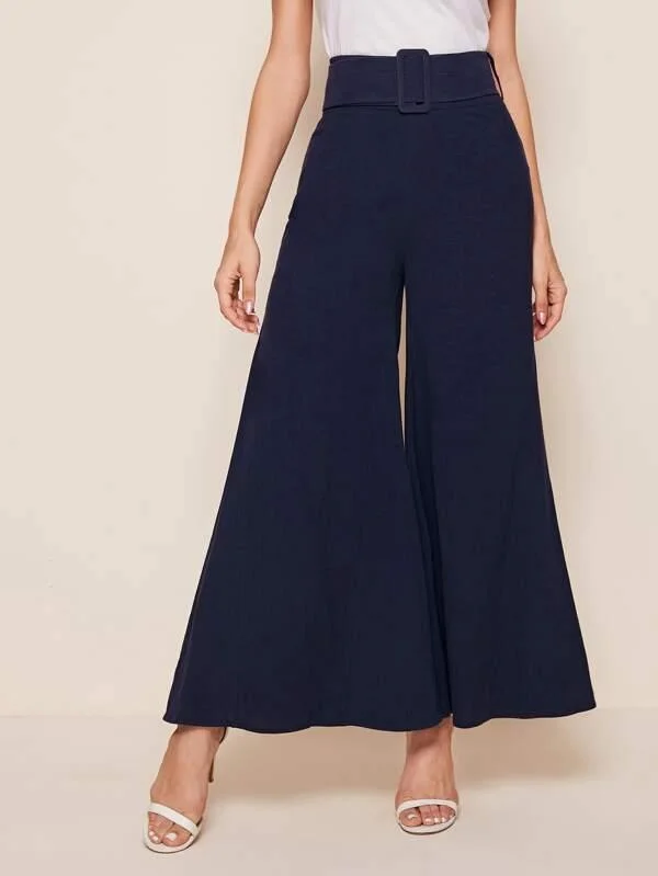 Flare Leg Solid Belted Pants Soft Wool Pants