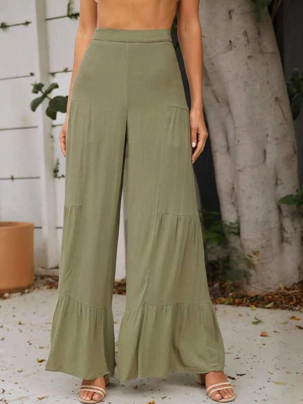 Ruffle Hem Wide Leg Crinkle Pants Chic Black Leggings