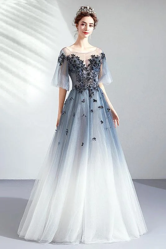 Ombre A Line Half Sleeves Tulle Round Neck Prom Dress Evening Dresses DMQ75 Tunics Exclusive limited