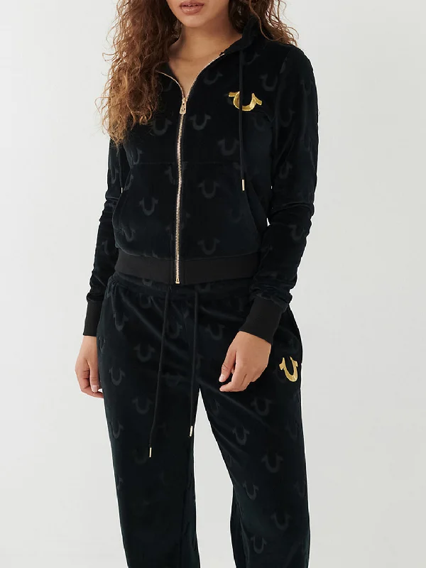 True Religion Women Embroidered Full Sleeves Hooded Sweatshirt Hoodie with Button Placket Classic Preppy
