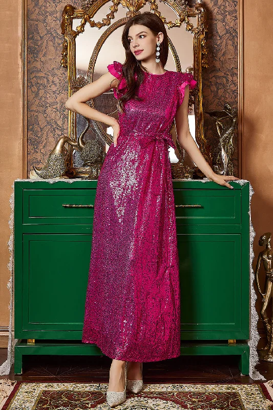 Fuchsia Ruffle Sleeves Long Prom Dress Tunics Canvas sturdy
