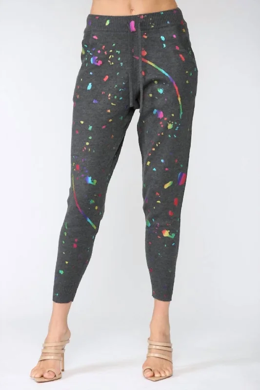 Foil Paint Splatter Knitted Jogger Pants In Charcoal Trendy Wide-Leg Pants