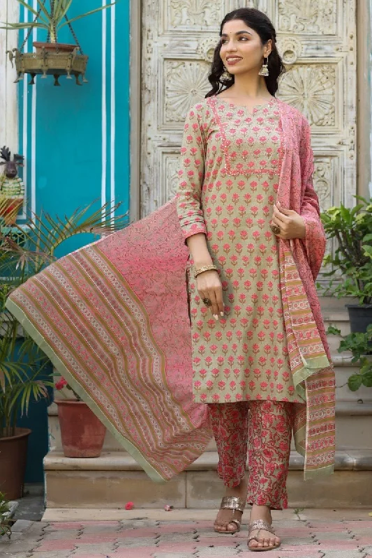 Cotton Green Floral Printed Straight Kurta Pant Dupatta Set