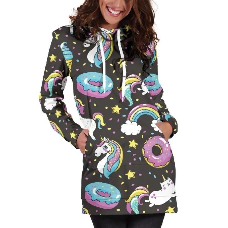 Girly Unicorn Donut Pattern Print Pullover Hoodie Dress