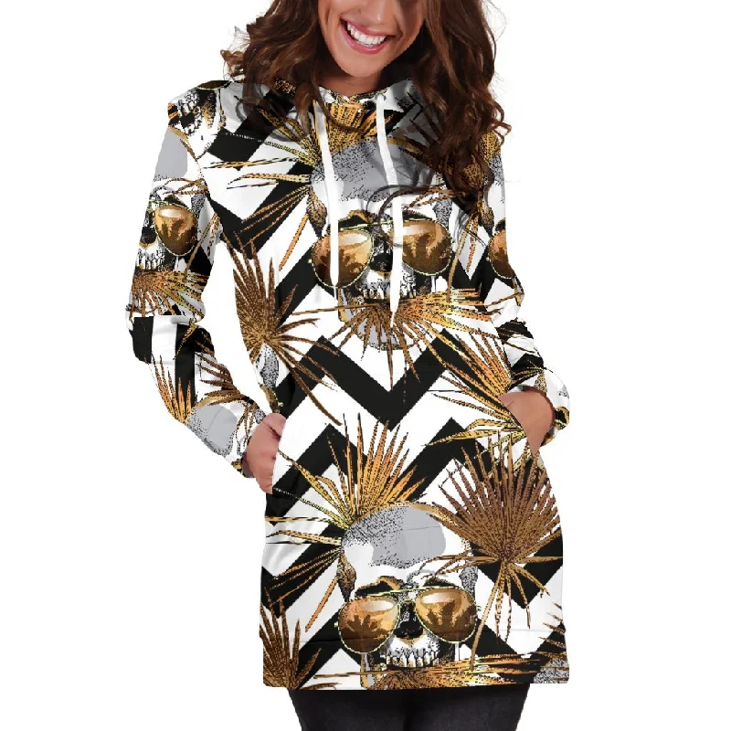 Gold Tropical Skull Pattern Print Pullover Hoodie Dress