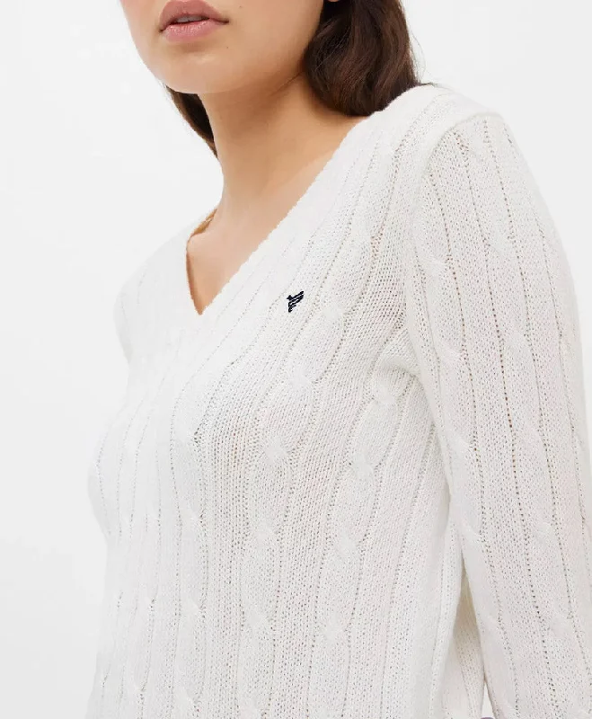 White V-Neck Cable Knit Sweater (Women) Satin Fabric Silk Fabric Chiffon Fabric