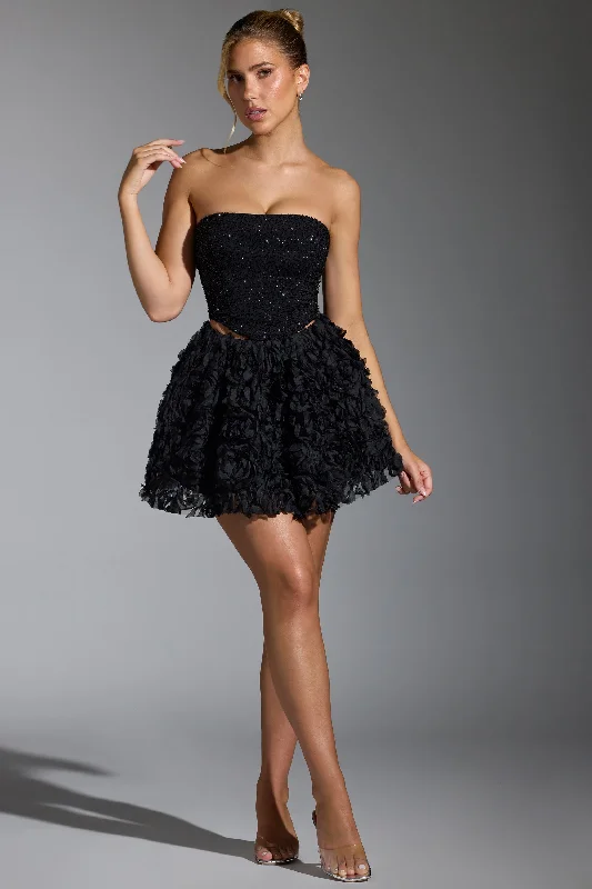 Floral-Appliqué Mini Skirt in Black corduroy skirt cozy