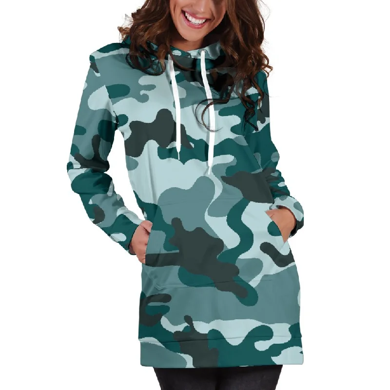 Forest Green Camouflage Print Pullover Hoodie Dress