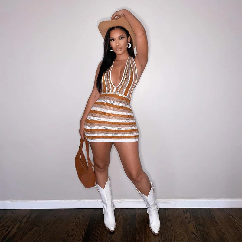 2022 summer hot new striped Halter backless dresses deep V knitted sweater dress gradient color open back beach holiday skirt Faux Fur Fabric Real Fur Fabric Shearling Fabric