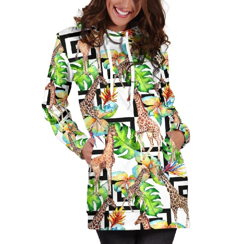 Exotic Tropical Giraffe Pattern Print Pullover Hoodie Dress