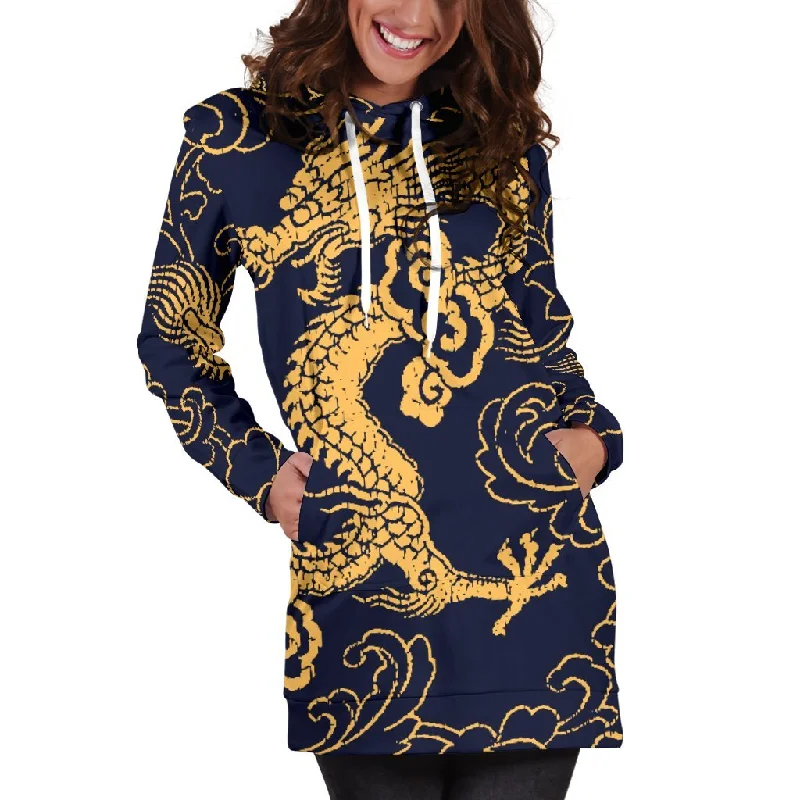 Gold Japanese Dragon Pattern Print Pullover Hoodie Dress