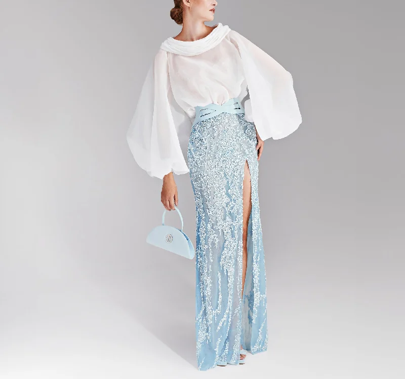 Organza White Top with Blue Tulle Skirt a-line skirt cut