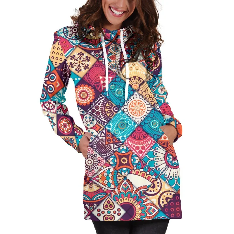Ethnic Bohemian Mandala Pattern Print Pullover Hoodie Dress