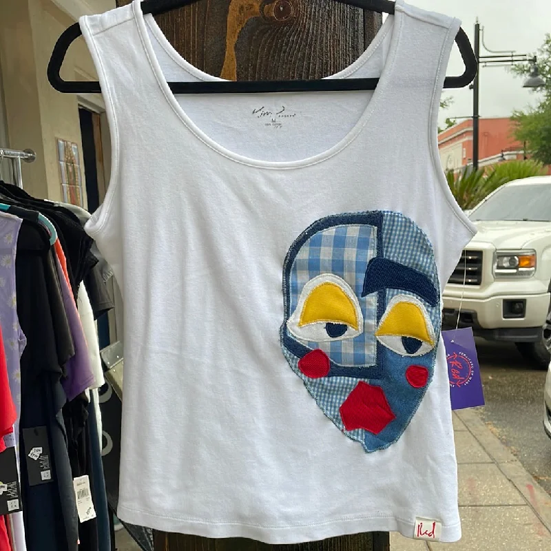 Red By Design #133 Side Eyes Blue Plaid Face White Tank Top charcoal tank top