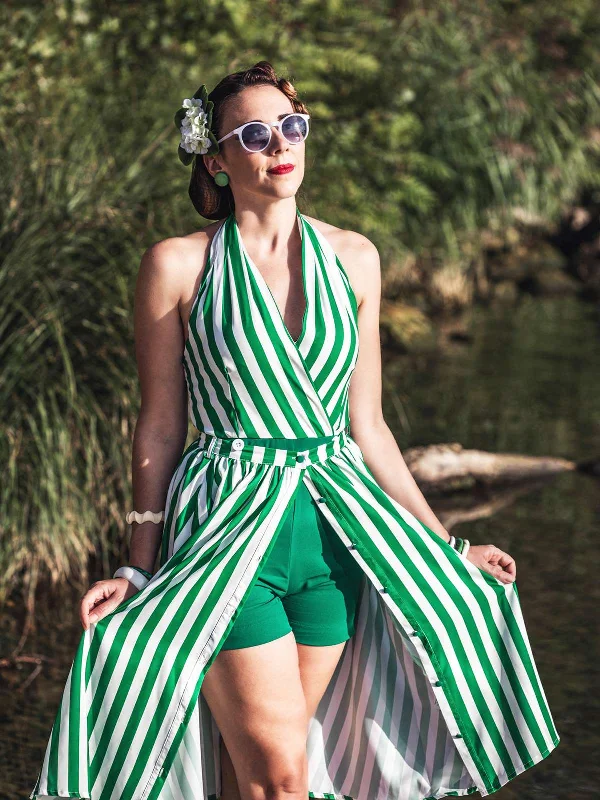 2PCS Green 1950s Stripes Romper & Umbrella Skirt corduroy skirt durable