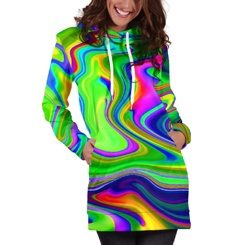 Green Abstract Liquid Trippy Print Pullover Hoodie Dress