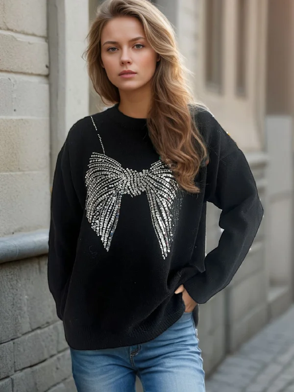 Sequin Bow Round Neck Long Sleeve Sweater Satin Blend Silk Blend Wool Blend
